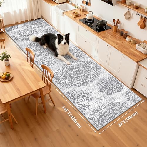 HEBE Hallway Runner Rug 3'x14', Washable Non Slip Kitchen Rug Runner - color: Grey, size: 3' x 14' (Rectangular)