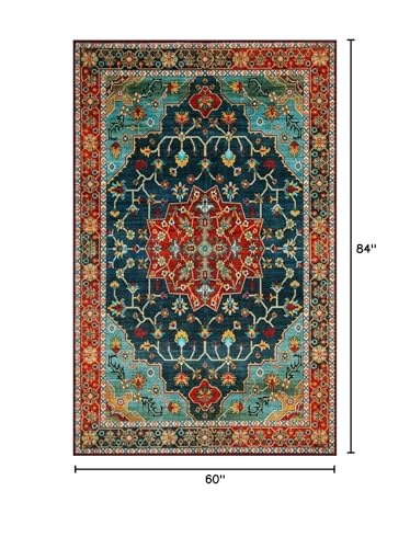 WILLSUN Washable Area Rugs, 5x7 Non-Slip Boho Large Area Rugs for Living Room, Bedroom, Machine Washable Vintage Rug, Indoor Floral Print Carpet for Home Decor, Kid & Pet Friendly Mat - color: Brick Red, size: 5' x 7' (Rectangular)