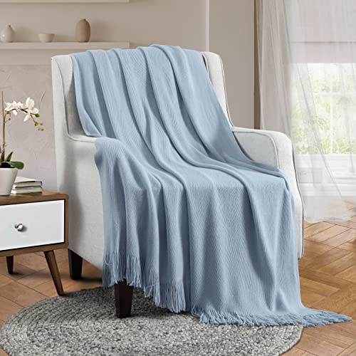 Vonty Light Blue Knitted Throw Blanket with Tassels Fringe, 50x60 Acrylic - color: Light Blue, size: 50" x 60"