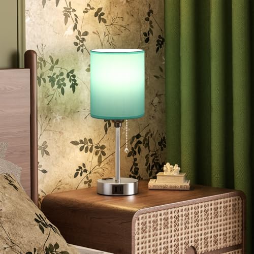 Small Bedside Table Lamp for Bedroom - Desk Lamp with USB Ports for Dorm - color: Teal-Silver, size: 14.6 in