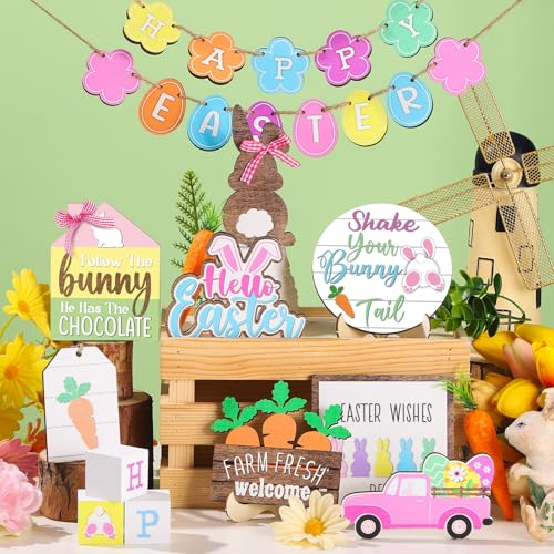 Marsui Easter Tiered Tray Decor Happy Easter Tiered Tray Ornament Rustic Farmhouse Spring Sign Bunny Truck Gnome Egg Wooden Sign for Home Table Decor(Chic Style) - style: Chic Style