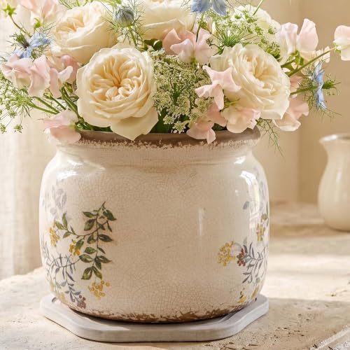 Rustic Cottage Ceramic Plant Pot with Decorative Saucer, Plant Lover Gifts - color: Yellow Sage, size: 7.7 in - w/ Saucer