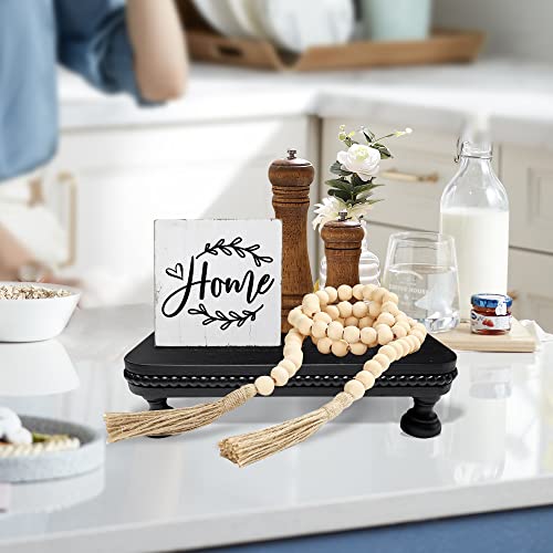 dwellington Farmhouse Display Wood Riser, 12" Decorative Black Beaded Pedestal Stand, Square Tiered Tray Decor for Kitcher Decor, Countertop