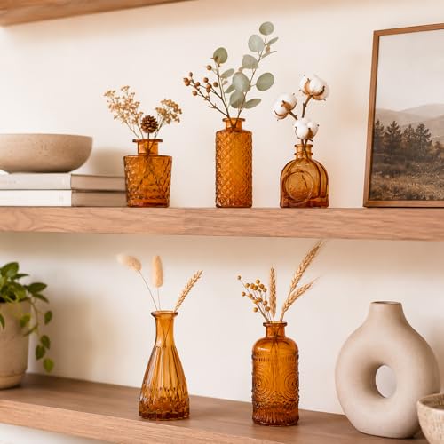 UPBUD Amber Glass Bud Vases Set of 5, Brown Small Vases for Flowers - color: Amber Brown-5pcs