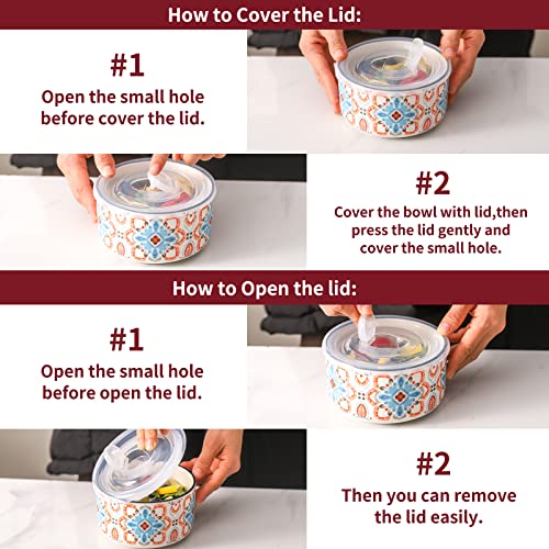 Ceramic Bowl with Lid, Microwave Safe, Set of 4 - color: Color B - Set of 4