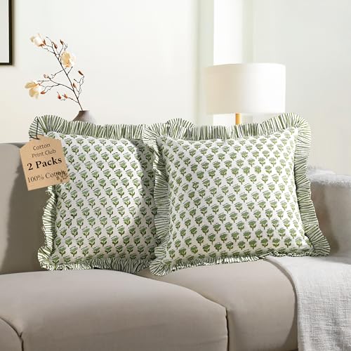 CPC Emerald Green Block Print Ruffle Pillow Cover 16x16 Inch, Pack of 2 - color: Emerald Green, size: 16" x 16" (Pack of 2)