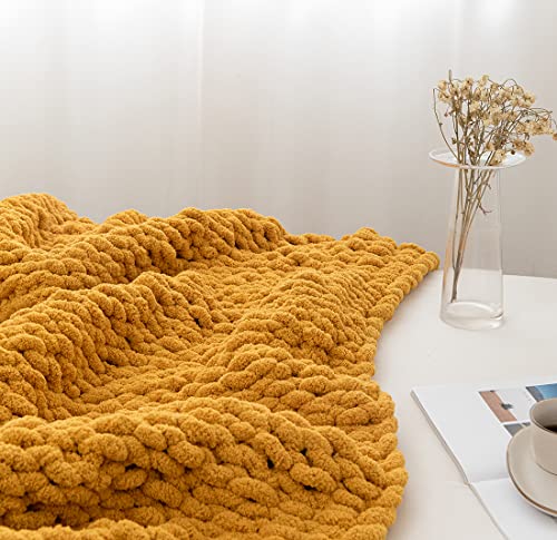 Chunky Knit Blanket Soft Chenille Yarn Knitted Throw Blanket 50"X60" Handmade Cable Warm Thick Giant Blanket for Couch Bed Trips (Turmeric Yellow, Throw 50"X60")?-¡ - color: Turmeric Yellow, size: Throw 50"X60"