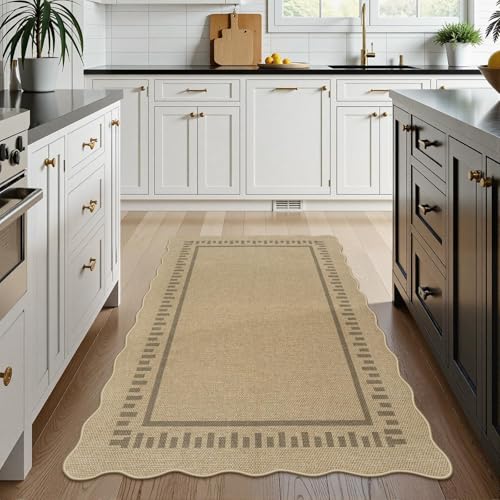 LIVEBOX Scalloped Washable 3x5 Outdoor Rug, Easy Jute Tan Rugs for Entryway Bedroom, Indoor Outdoor Non Slip Farmhouse Rugs for Patio Living Room, Geometric Carpet Front Door Mat for Porch Kitchen - color: Tan/Border 1, size: 3‘ x 5’