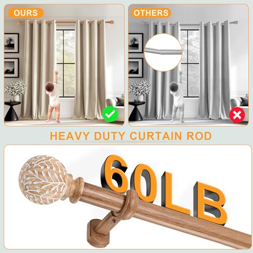 1-1/8 Inch Diameter Wood Curtain Rods for Windows 72 to 144 inch - Adjustable Seamless Aluminum Bracket - Heavy-Duty Boho Curtain Rods with Seaweed Finial - Brown Wood Grain - color: Light Wood Grain, size: 72-144"