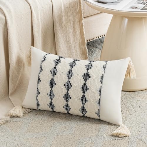 Fancy Homi Set of 2 Black Lumbar Decorative Throw Pillow Covers 12x20 Inch for Couch Bed Sofa Living Room, Aesthetic Organic Farmhouse Home Decor, Cotton Woven Textured Cushion Case with Tassels - color: Black, size: 20" x 12" (Pack of 2)