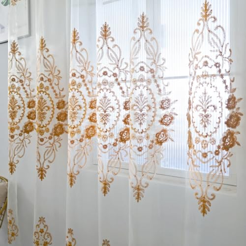 Amidoudou Rod Pocket Curtains European Luxury Sheer Embroidered Window Screening for Living Room Bedroom Tulle Curtains (Gold,52" W x 96" L (Pack of 2)) - color: Gold, size: 52"W x 96"L (Pack of 2)