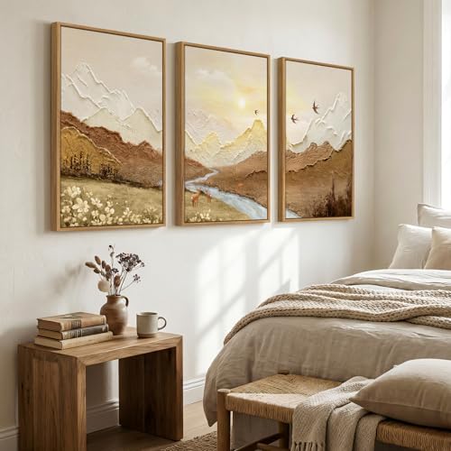Framed Brown Abstract Mountain Wall Art for Living Room, 3 Piece, 24x36 In - color: Brown Neutral, size: 24" W x 36" H x 3Pcs