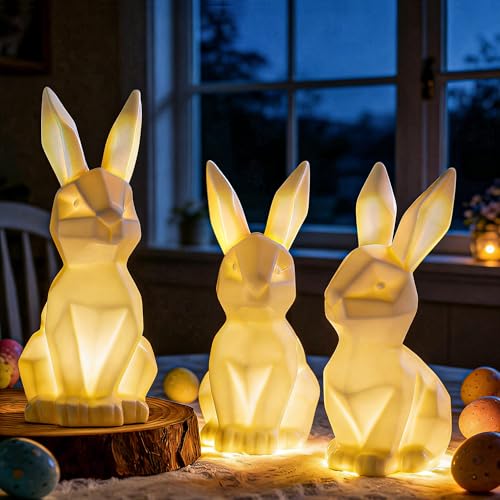 NEROSUN 3 Pack Easter Bunny Decorations, Ceramic White Rabbit Statues Ornaments, Lighted Bunny Table Centerpiece for Easter Party, Spring Home Decor and Shelf Display