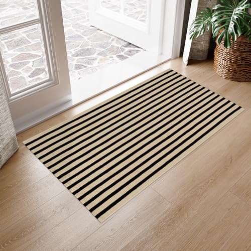LEEVAN Layering Rug for Front Porch 2.3x3.6 Striped Outdoor Rug Fall Decor - color: Black and Tan, size: 2'4" x 3'7" (Rectangular)