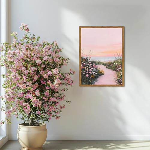 Framed Vintage Landscape Wall Art, Pink Floral Coastal Pictures Wall Decor, Rustic Wildflower Nature Paintings Canvas Prints Home Decor Aesthetic for Living Room Bedroom Bathroom 16x24 inch - color: Pink Floral Coastal, size: 24"L x 16"W