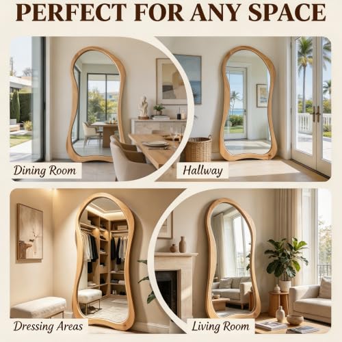 71"x33.5" Irregular Full Length Mirror with Solid Wood Frame - color: Natural Wood Frame, size: 71"L x 33.5"W