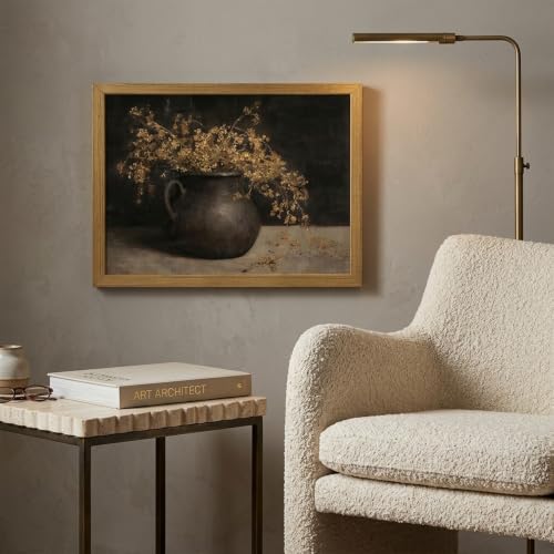 DGBQMK Vintage Wall Art Moody Dark Academia Decor Rustic Floral Oil Painting Print Still Life Golden Flowers Framed Wall Decor for Living Room Bedroom, Solid Wood Frame 12x16 inch - color: gold, size: 16"Lx12"W