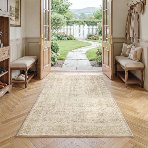 FMFUNCTEX 4x6 Washable Beige Vintage Neutral Throw Area Rug for Entryway - color: Beige, size: 4' x 6' (Rectangular)