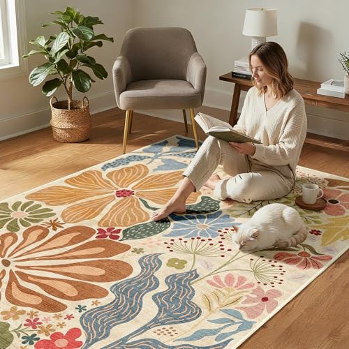 MUJOO 2x3 Washable Rug Floral Small Area Rugs Non Slip Low-Pile Beige - color: Beige, size: 2' x 3' (Rectangular)