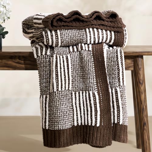 Amélie Home Checkered Knit Throw Blanket for Bed, Mocha Brown 60"x80" - color: Checkered Mocha Brown, size: 60" X 80"