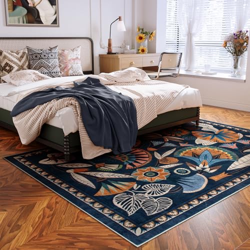 Zealude Egypt Floral Washable 5x7 Area Rug for Living Room, Large Boho Bedroom Dining Room Rugs for Under Table, Vintage Non Slip Soft Throw Carpet for Playroom Office Apartment (Dark Blue, 5 x 7) - color: Blue, size: 5' x 7'(Rectangular)