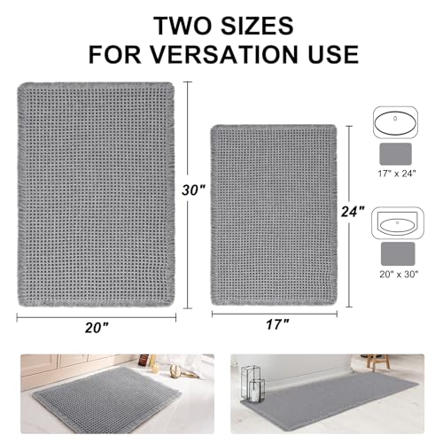 Luxury Waffle Bath Mat, Super Absorbent Non Slip Bathroom Rugs, Boho Ultra Soft Comfort Machine Washable Quick Dry Floor Mats with Tassels (Grey, 17" x 24" + 20" x 30") - color: Grey, size: 17" X 24" + 20" X 30"