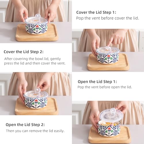 Ceramic Bowl with Lid, Microwave Safe, Set of 4 - color: color A2 - Set of 4