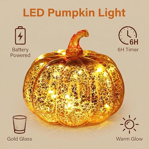 Mercury Glass Pumpkin Lights with Timer Set of 3, Battery Operated Glass Pumpkin for Halloween Thanksgiving Fall Autumn Decorations Tabletop Home Holiday Decor, Gold (Height:5.5“/7.7”)
