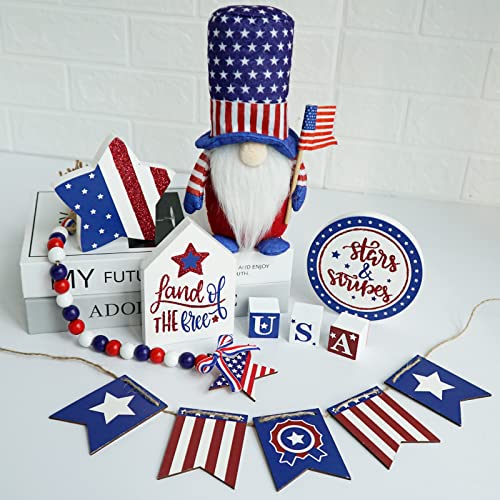 9PCS 4th of July Tiered Tray Decor, Red White and Blue Decorations Patriotic Gnome, Memorial Labour Day Wood Signs, 250th Anniversary Farmhouse Rustic Patriotic Decorations for Home - style: Patriotic
