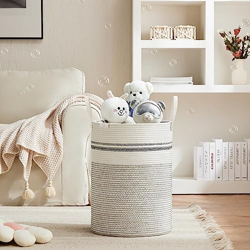 VIPOSCO 72L Tall Woven Rope Laundry Hamper, Leather Handles, Stripe White - color: Stripe White, size: 72L