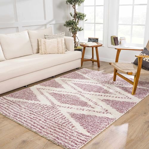 Hauteloom Winnebago Moroccan Farmhouse Living Room, Bedroom Shaggy Area Rug - Bohemian Shag - Plush Pile - Southwestern Boho Soft Carpet - Pink, Cream, Ivory - 5'3" x 7'3" - color: Pink, Cream / Galaxy Shag, size: 5'3" x 7'3" (Rectangular)
