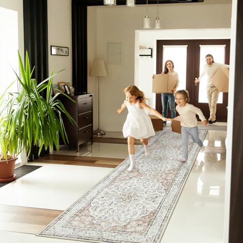 Lahome Oriental Kitchen Runner Rug 2.5x10 Washable Hallway Runner Non-Slip Rug Runners for Hallways 10ft Ultra-Thin Soft Rug Boho Indoor Low-Pile Carpet for Entryway Laundry Room Helena Terracotta - color: Terracotta, size: 2'6" x 10' (Runner)