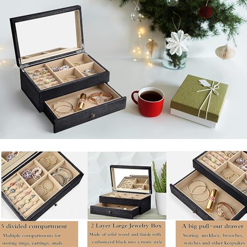 Meangood Jewelry Box Organizer for Women, 2 Layer Large Jewelry Storage Case, Rustic Wooden Jewelry Box with Mirror & Ring Tray for Necklace Earring Bracelets Rings, Vintage Style (Black) - color: Black, size: 1-Drawer