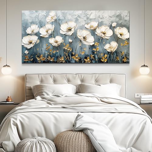 QIYILEXWART Canvas Wall Art For Living Room Large Wall Decor For Office Bedroom Decorations Textured White Flower Landscape Pictures Farmhouse Painting Artwork Room Wall Mural Aesthetic Home Decor 30x60 In - color: Textured White Flower Art, size: 60"L x