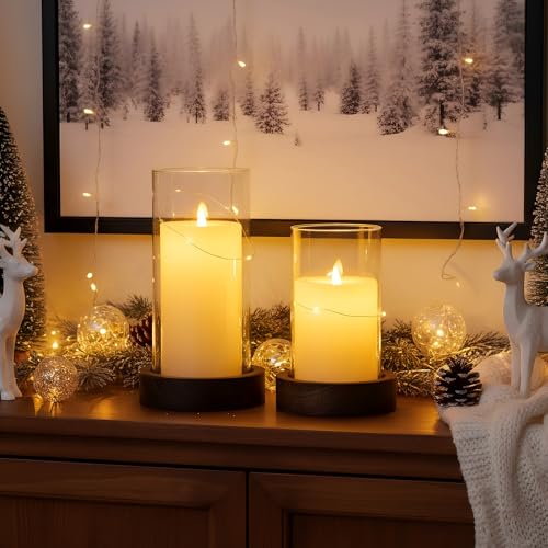 Ronasip Set of 2 Hurricane Candle Holders with Wood Base & Glass Cylinder (4.2x5.9” & 4.6x7.8”) – Rustic Wooden Candle Holders for Home Decor, Weddings, Table Centerpieces (2, Brown) - color: Brown