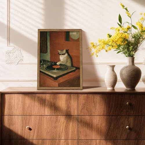 Framed Vintage DJ Cat Canvas Wall Art, Cool Tabby Cat Playing Vinyl Record Poster Print, Retro Trend Music Animal Artwork, Hip Hop Aesthetic Wall Decor for Living Room Bedroom Studio 12x16in - color: Cool Cat DJing, size: 16"L x 12"W