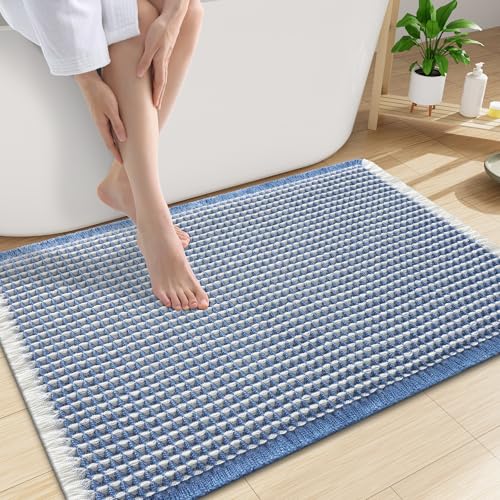Smiry Waffle Bath Mat 60X16, Soft Absorbent Bathroom Rugs, Blue & Cream - color: Blue & Cream, size: 60'' X 16''
