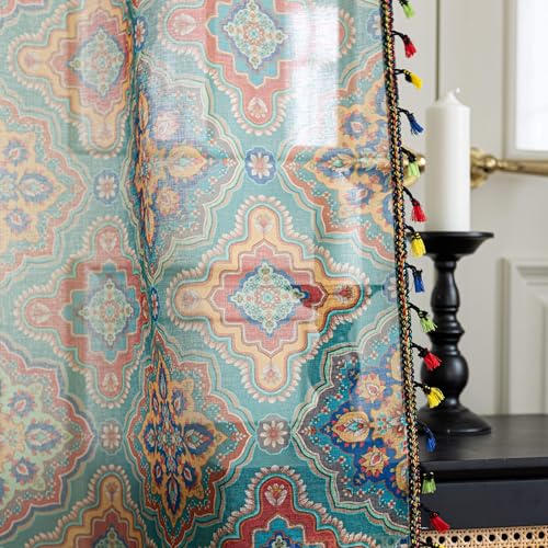 Blue Geometric Sheer Curtains 63 inch Long, Fringed Edges and Textured Semi Sheer Curtains Large Window Treatments for Living Room/Bedroom, 2 Panels - color: Blue Geometry, size: 52"W x 63"L (Pack of 2)