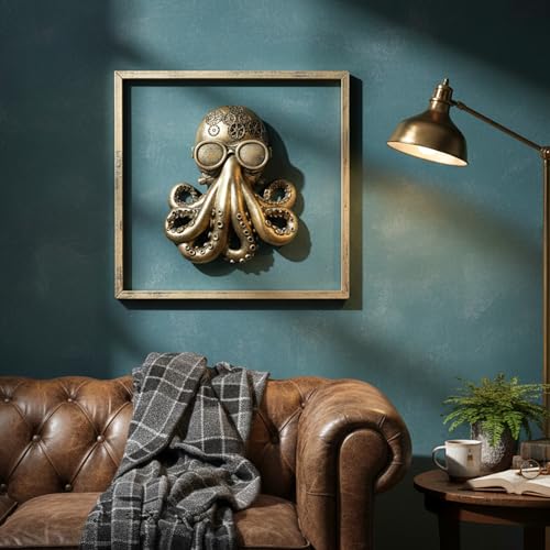 JJALIGHTS Exquisite Resin Animal Head Wall Sculpture (Gift Metal Frame) - octo Imitation Copper Vintage Decor for Living Room, Bedroom & Office | Decorative Wall Hanging Art (Octopus) - color: Bronze Octopus