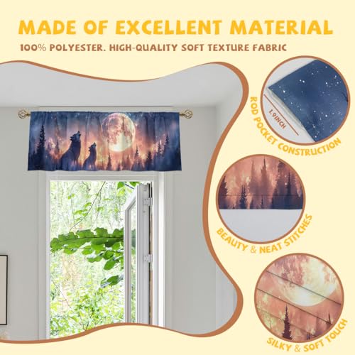 Wolf Valance Curtain for Windows 2 Pack Moon Forest Galaxy Wild Animal Star Night Rod Pocket Window Treatments Short Curtains for Kitchen Windows Bathroom Bedroom 54x18 Inch - color: Wolf