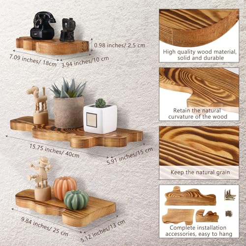 Suzile 3 Pcs Small Wave Edge Floating Shelf 3 Size Wooden Shelf, Brown - color: Brown