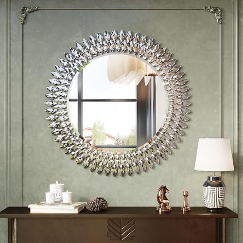 Kelly Miller 28" Jeweled Luxury Round Decorative Wall Mirror - size: 28"L x 28"W