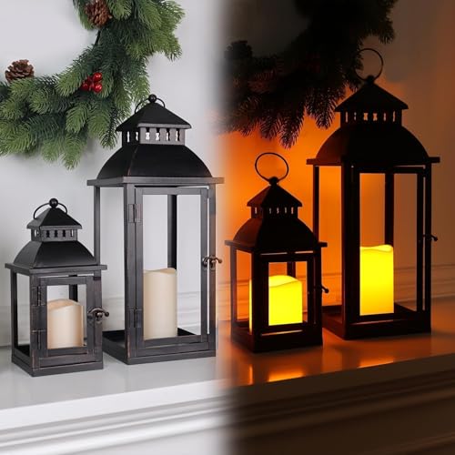 LED 랜턴 장식 야외 및 실내, 2개 세트 (43.2cm(17인치) 및 27.9cm(11인치)) 대형 블랙 메탈 랜턴 장식, 브론즈 브러시 포함, 현관, 파티오, 정원, 발코니, 웨딩 장식용 캔들 홀더(유리 없음) - color: 블랙 브러시 포함 / 43.2cm(17인치)+27.9