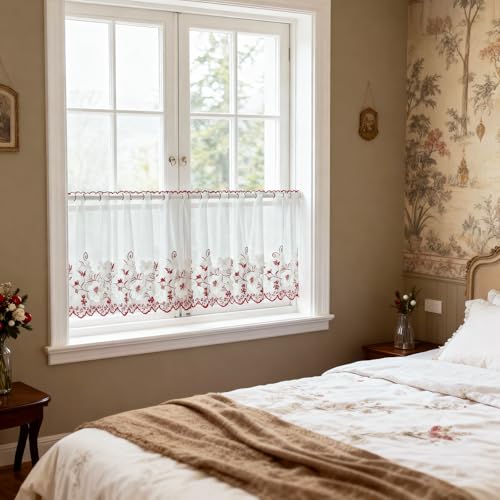 VOGOL Embroidered Lace Sheer Valance, Grommet Top, 55 x 24, 1 Panel, Red - color: Red