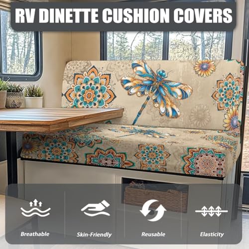 Boho Dragonfly Mandala Print 2 Pcs RV Dinette Cushion Covers Anti-Slip Camper Cushion Slipcover Washable RV Couch Cover Sofa Slipover for Travel Trailer Couch - color: Boho Dragonfly Mandala