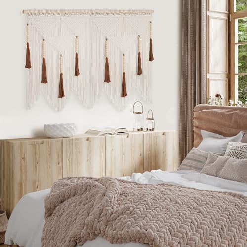 Large Macrame Wall Hanging, Boho Woven Tapestry with Wood Bead Tassel - size: Medium