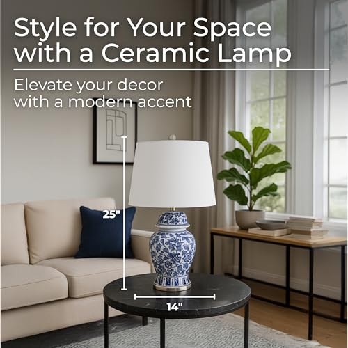 Temple Jar Accent Table Lamp with Blue & White Floral Pattern – Ceramic Stoneware Decorative Lamp with White Lampshade – Elegant Home Decor for Any Room, 14"x25"
