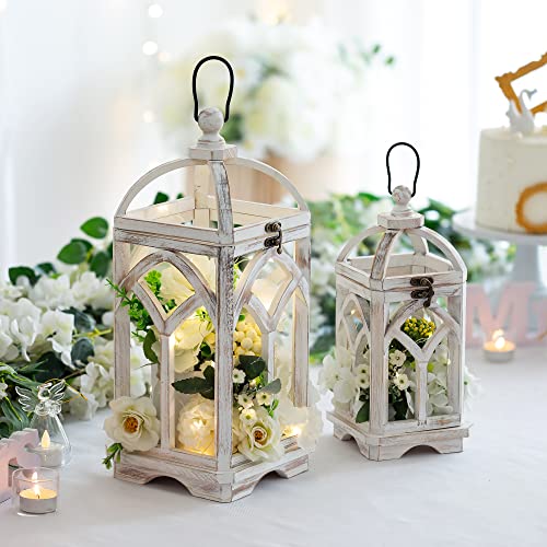 Romadedi Set of 2 Farmhouse Wood Candle Lanterns Decorative, Whitewashed - color: Washedwhite