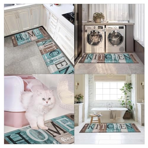 Arttown Anti-Fatigue Kitchen Rug Set of 2, Waterproof Non-Slip, Teal Brown - color: Home Sweet Home Teal Brown Kitchen Mat, size: 17.3 x 47 inch + 17.3 x 29 in