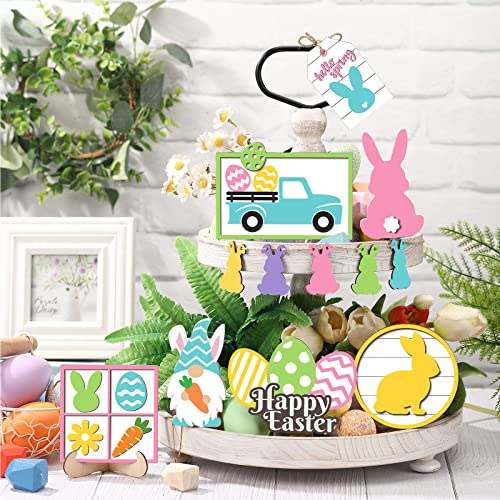 Jetec 12 Pcs Easter Tiered Tray Decoration Set - Easter Bunny Trail Carrot Table Signs Wooden Farmhouse Decoration for Spring Rustic Home Kitchen Decor - style: Bunny